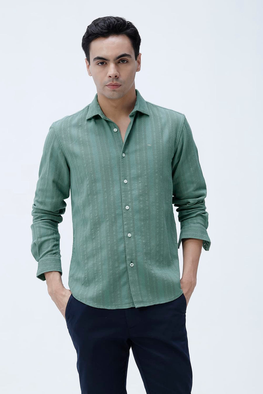 BASICS SLIM FIT TRELLIS GREEN COTTON LENO DOBBY SHIRT