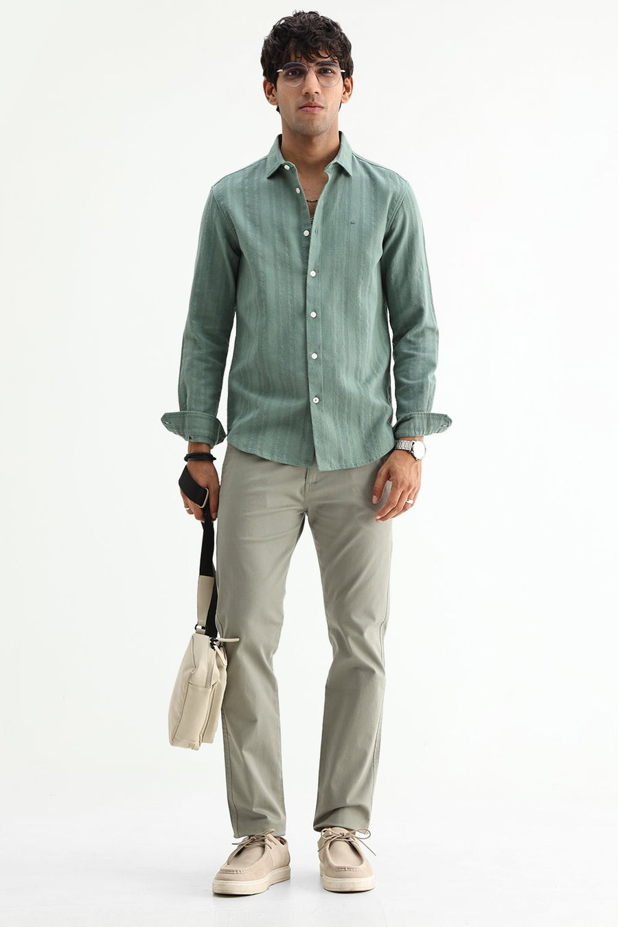 BASICS SLIM FIT TRELLIS GREEN COTTON LENO DOBBY SHIRT