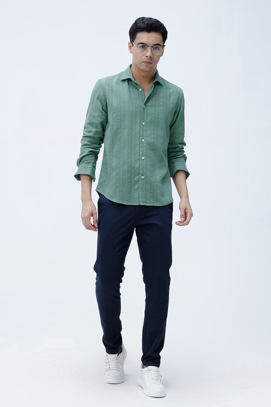 BASICS SLIM FIT TRELLIS GREEN COTTON LENO DOBBY SHIRT