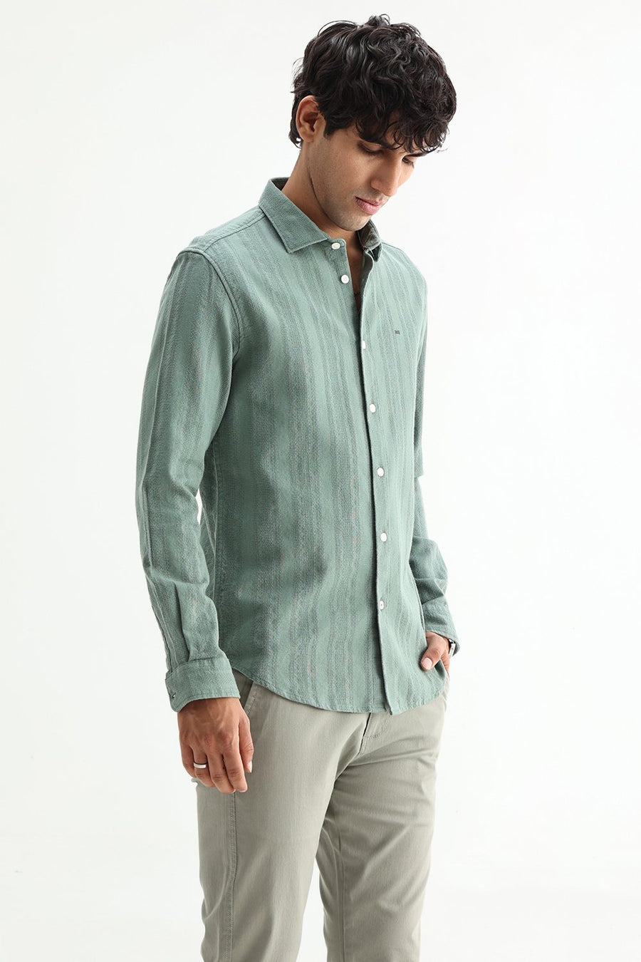 BASICS SLIM FIT TRELLIS GREEN COTTON LENO DOBBY SHIRT