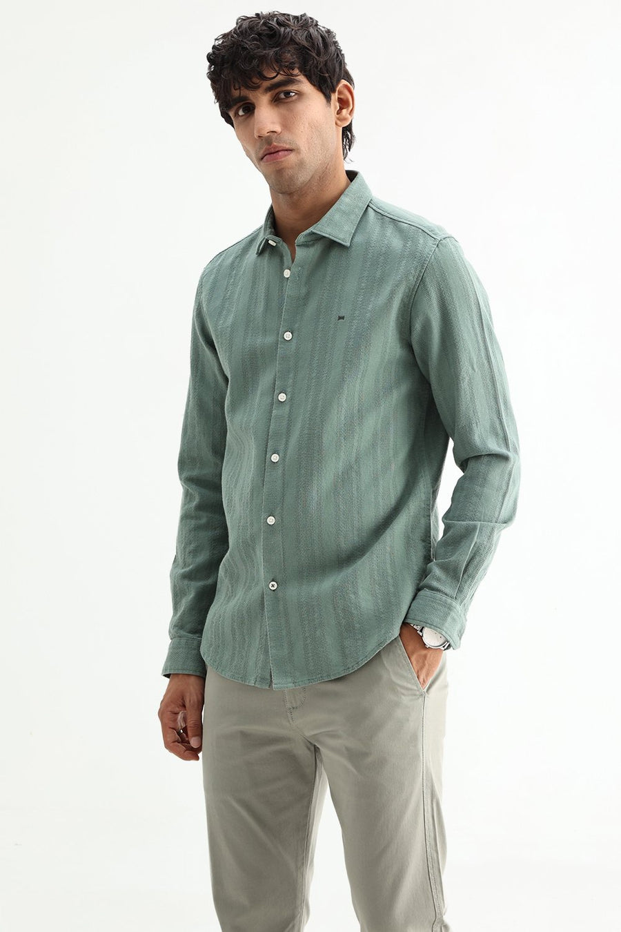 BASICS SLIM FIT TRELLIS GREEN COTTON LENO DOBBY SHIRT