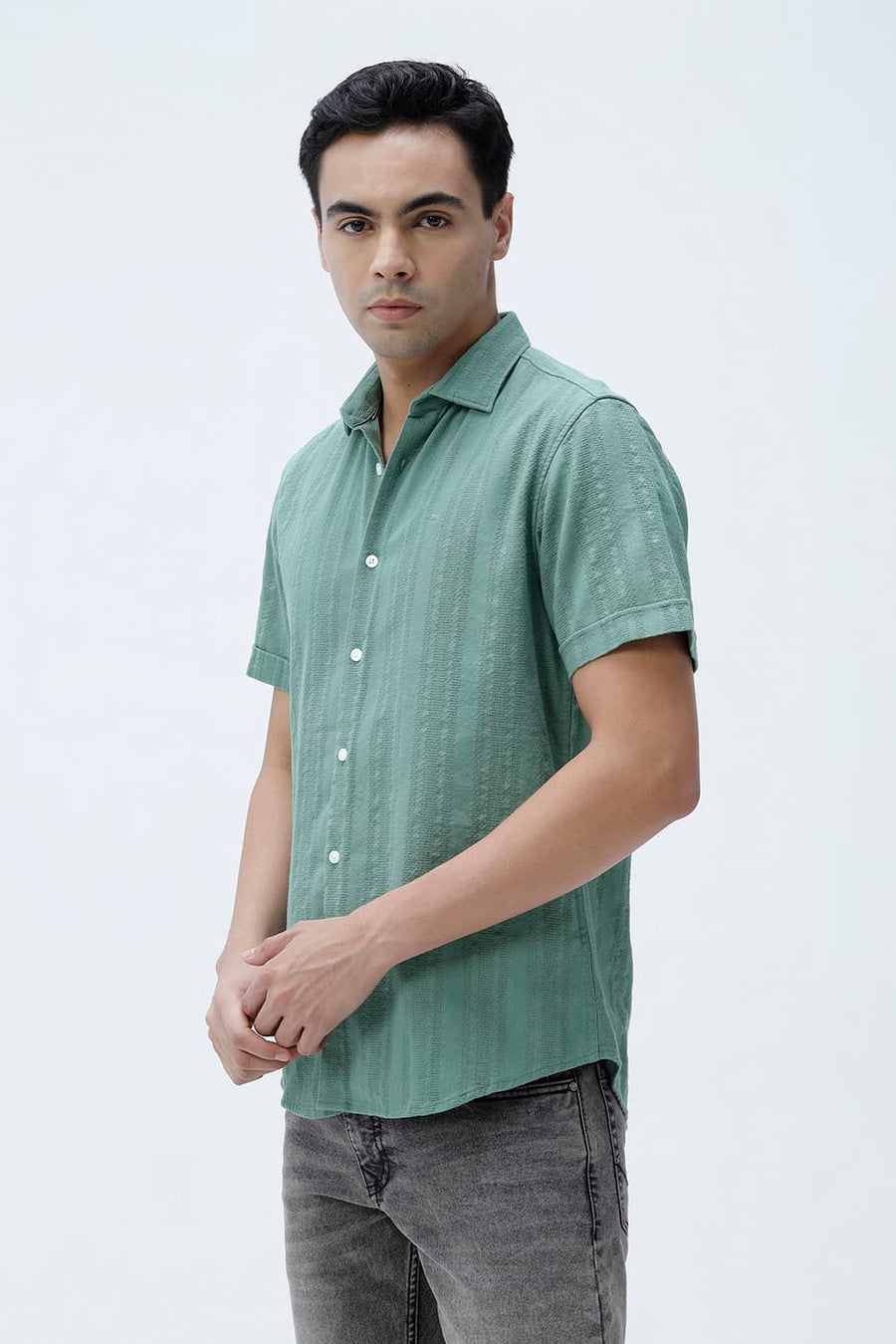 BASICS SLIM FIT TRELLIS GREEN COTTON LENO DOBBY HALFSLEEVES SHIRT