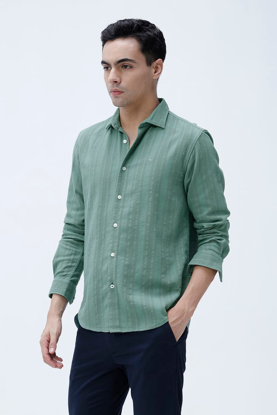BASICS SLIM FIT TRELLIS GREEN COTTON LENO DOBBY SHIRT