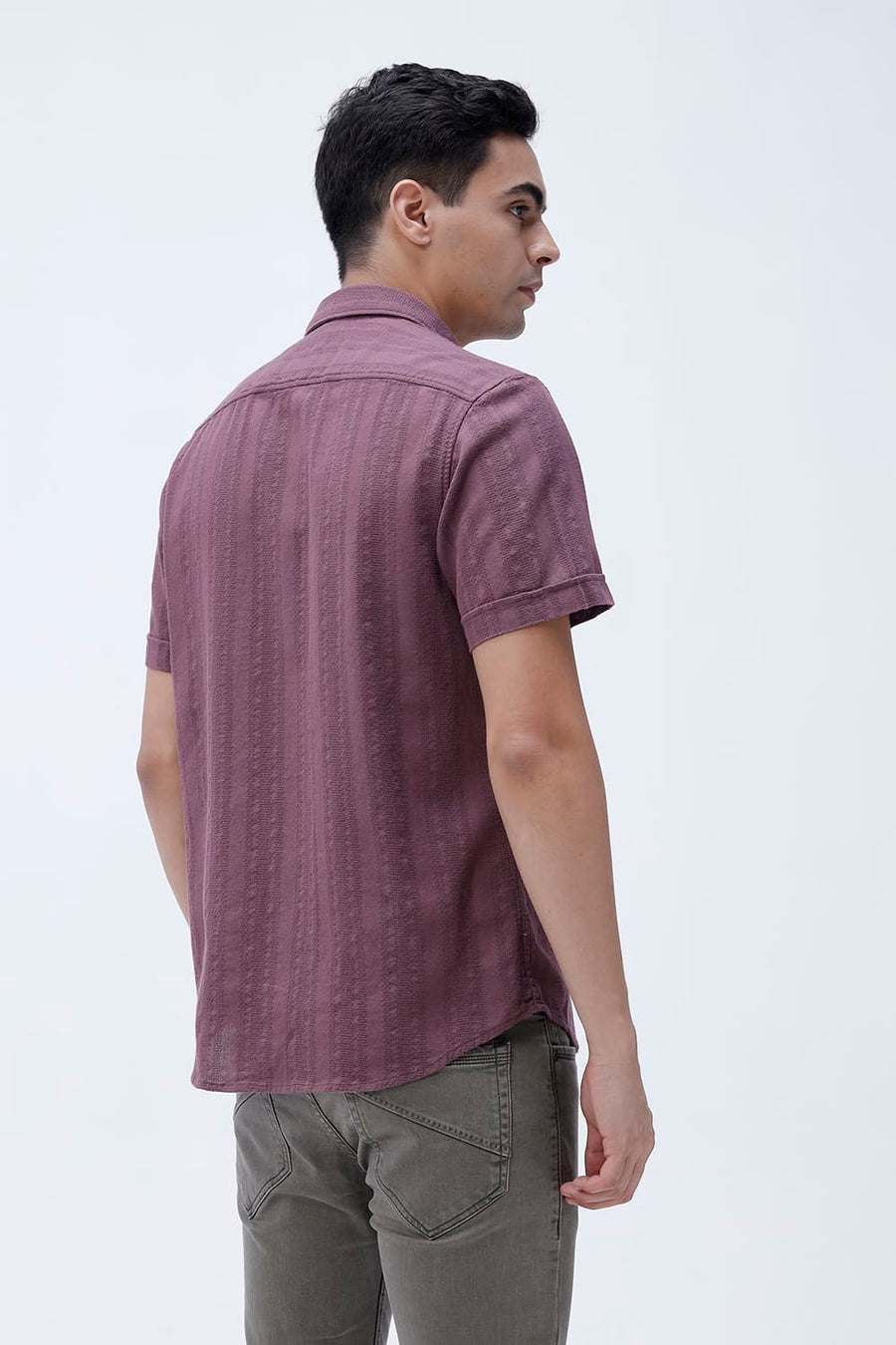 BASICS SLIM FIT WILD PURPLE COTTON LENO DOBBY HALFSLEEVES SHIRT
