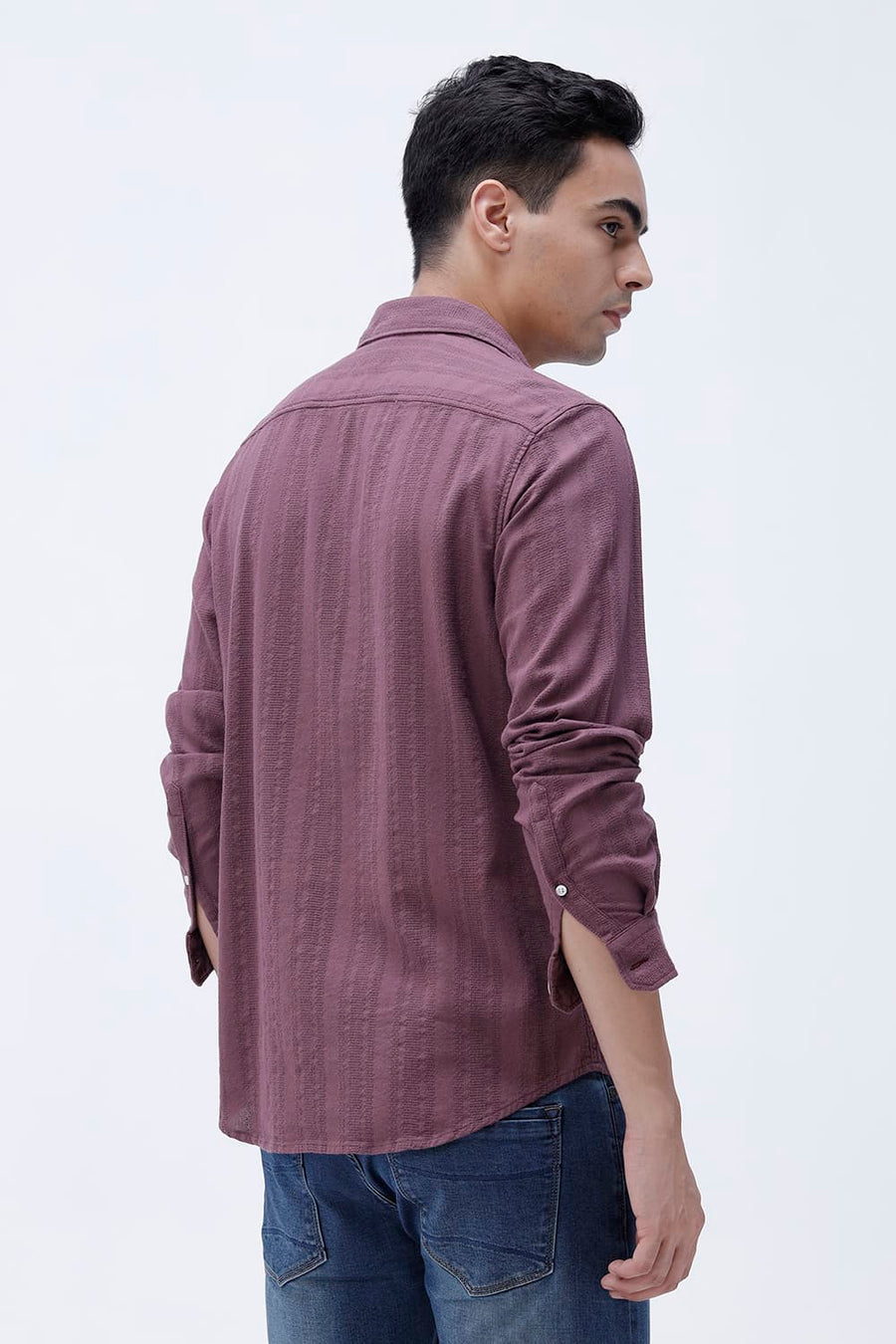 BASICS SLIM FIT WILD PURPLE COTTON LENO DOBBY SHIRT