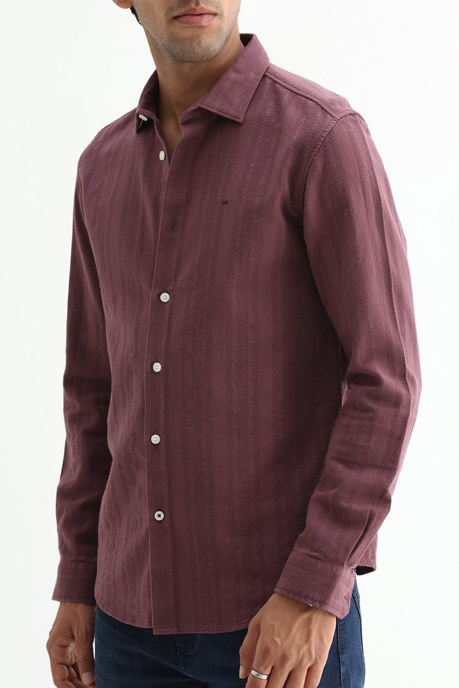 BASICS SLIM FIT WILD PURPLE COTTON LENO DOBBY SHIRT