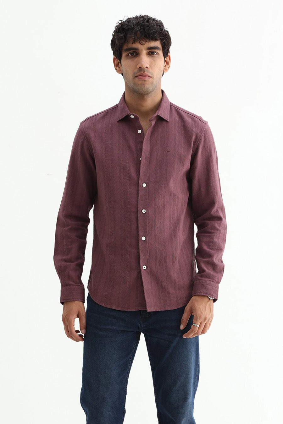 BASICS SLIM FIT WILD PURPLE COTTON LENO DOBBY SHIRT
