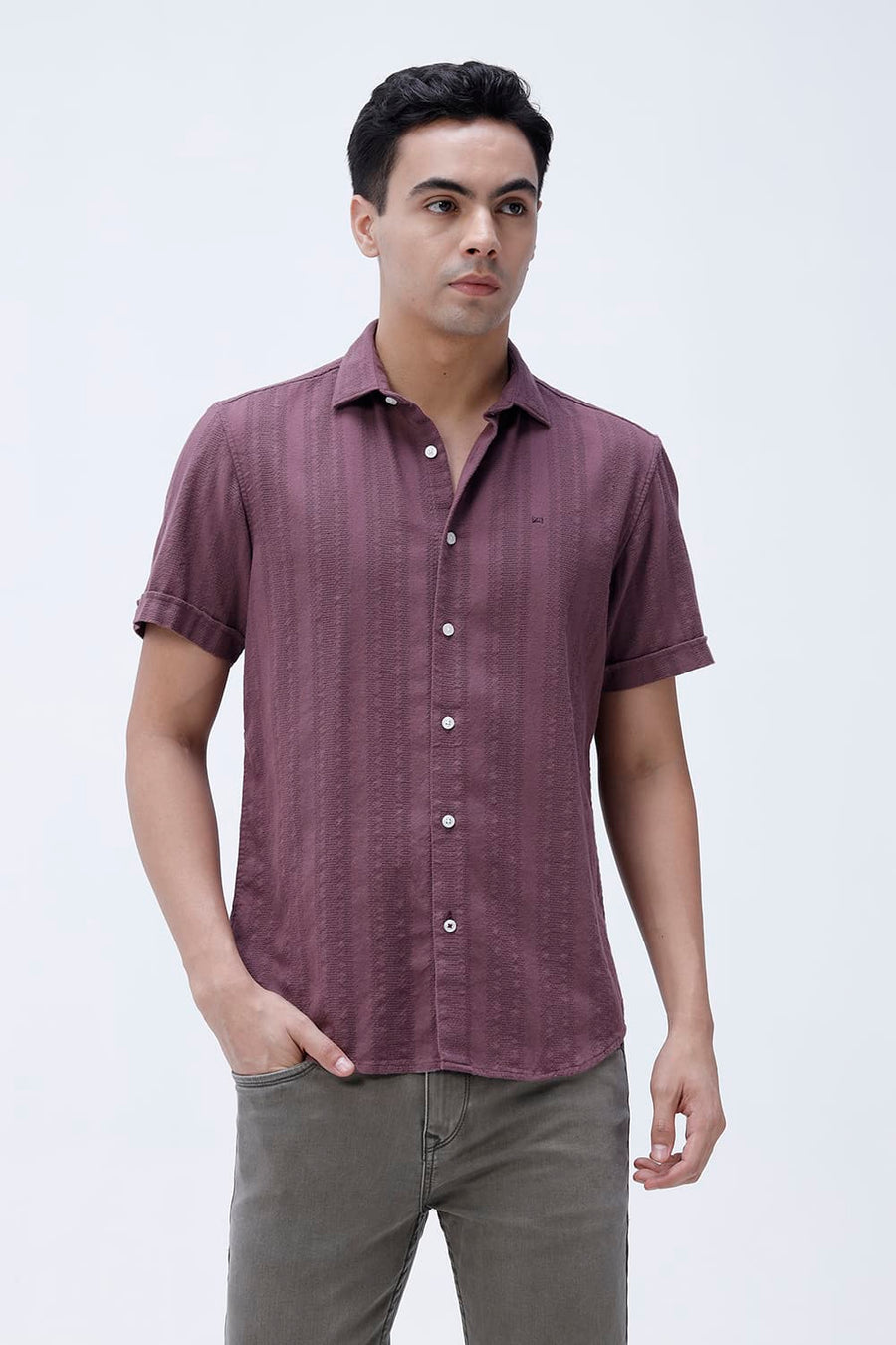 BASICS SLIM FIT WILD PURPLE COTTON LENO DOBBY HALFSLEEVES SHIRT