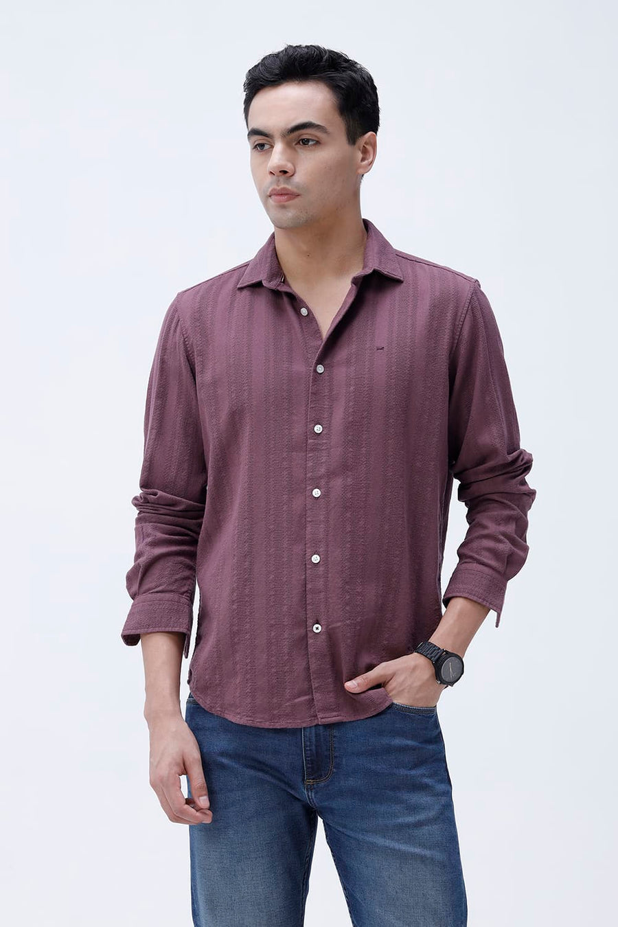 BASICS SLIM FIT WILD PURPLE COTTON LENO DOBBY SHIRT