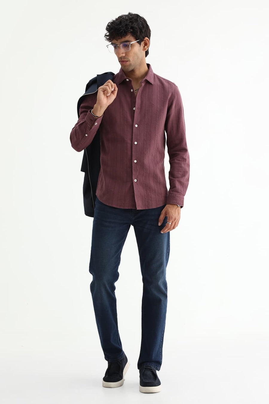 BASICS SLIM FIT WILD PURPLE COTTON LENO DOBBY SHIRT