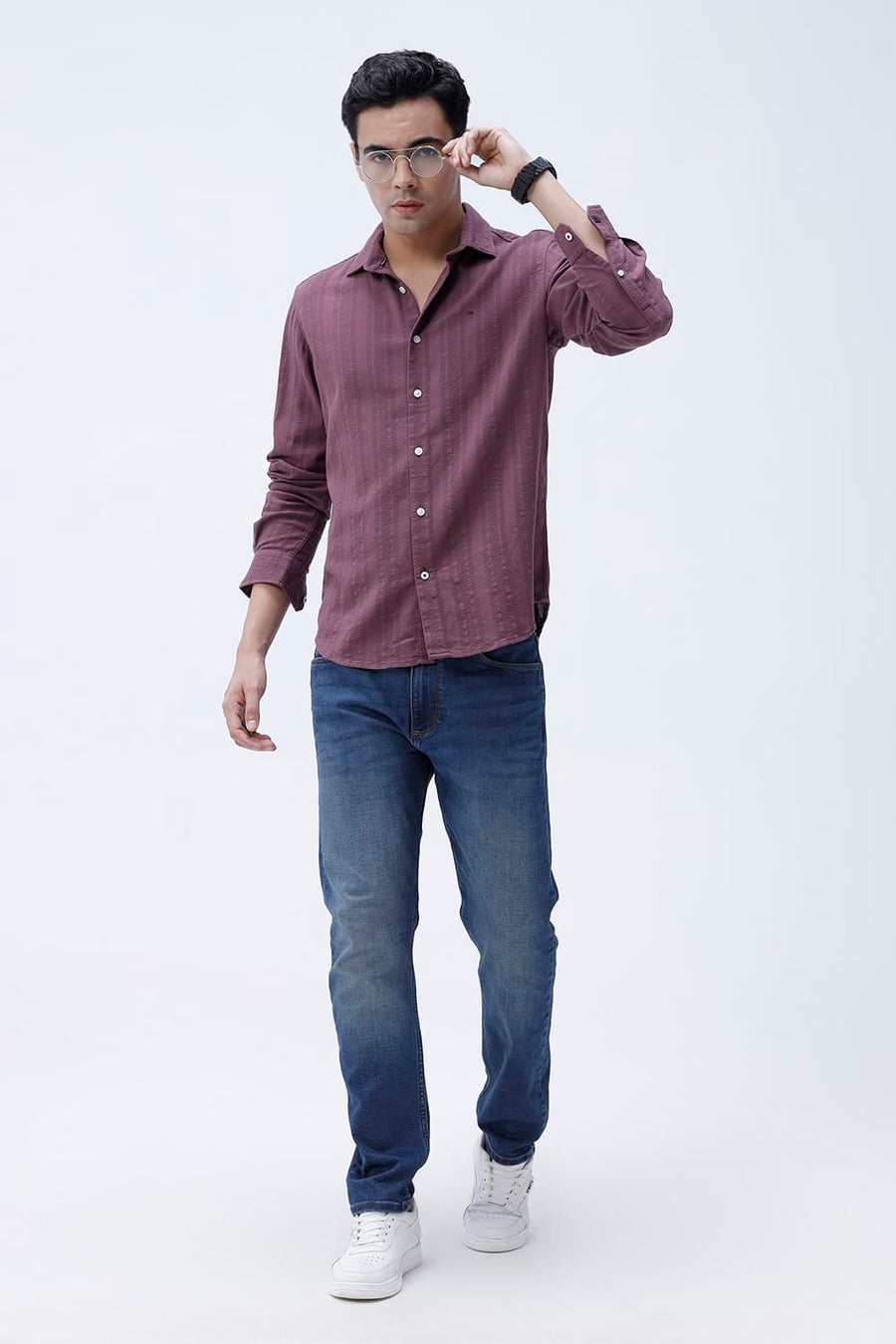 BASICS SLIM FIT WILD PURPLE COTTON LENO DOBBY SHIRT