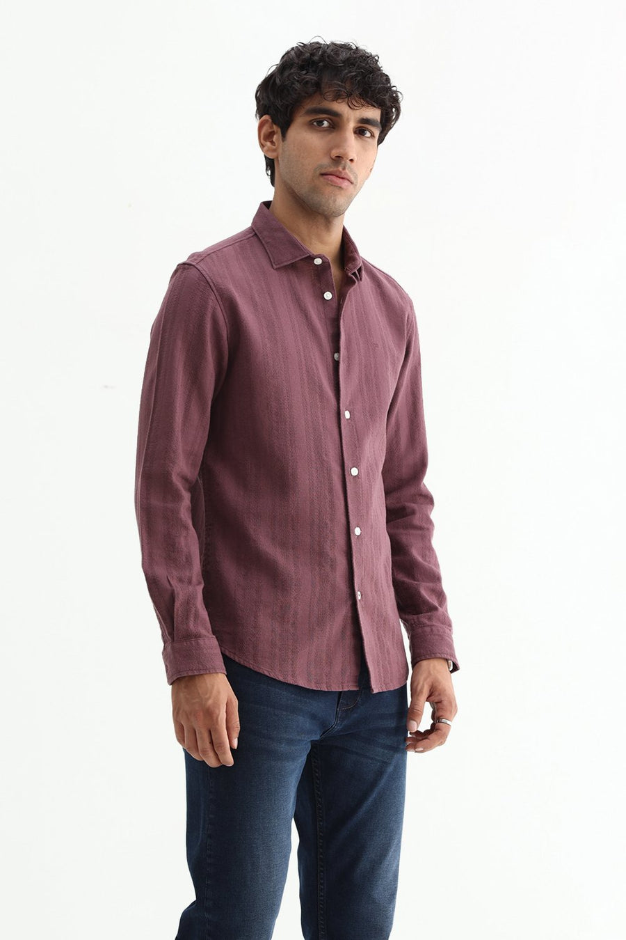 BASICS SLIM FIT WILD PURPLE COTTON LENO DOBBY SHIRT