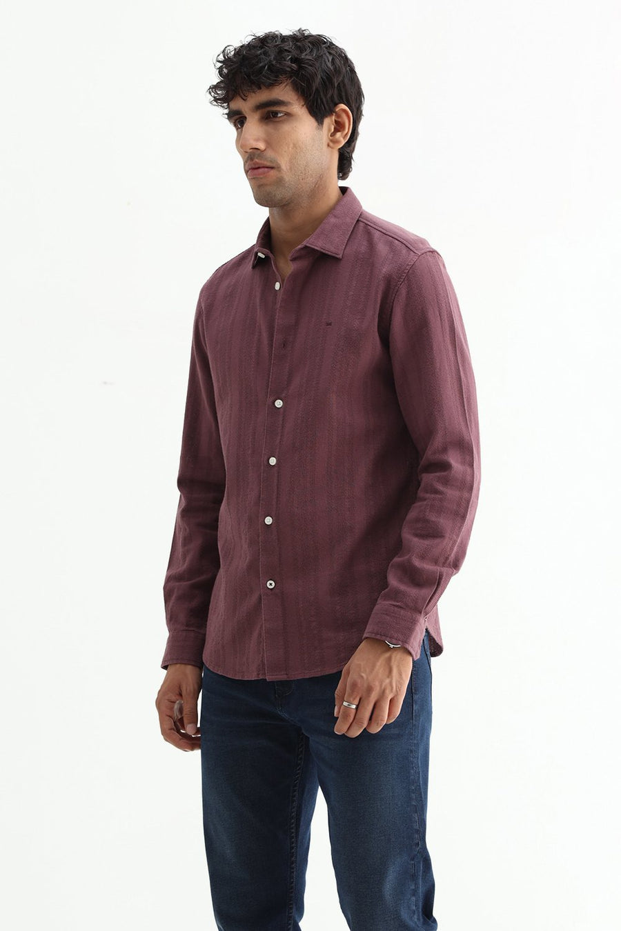 BASICS SLIM FIT WILD PURPLE COTTON LENO DOBBY SHIRT