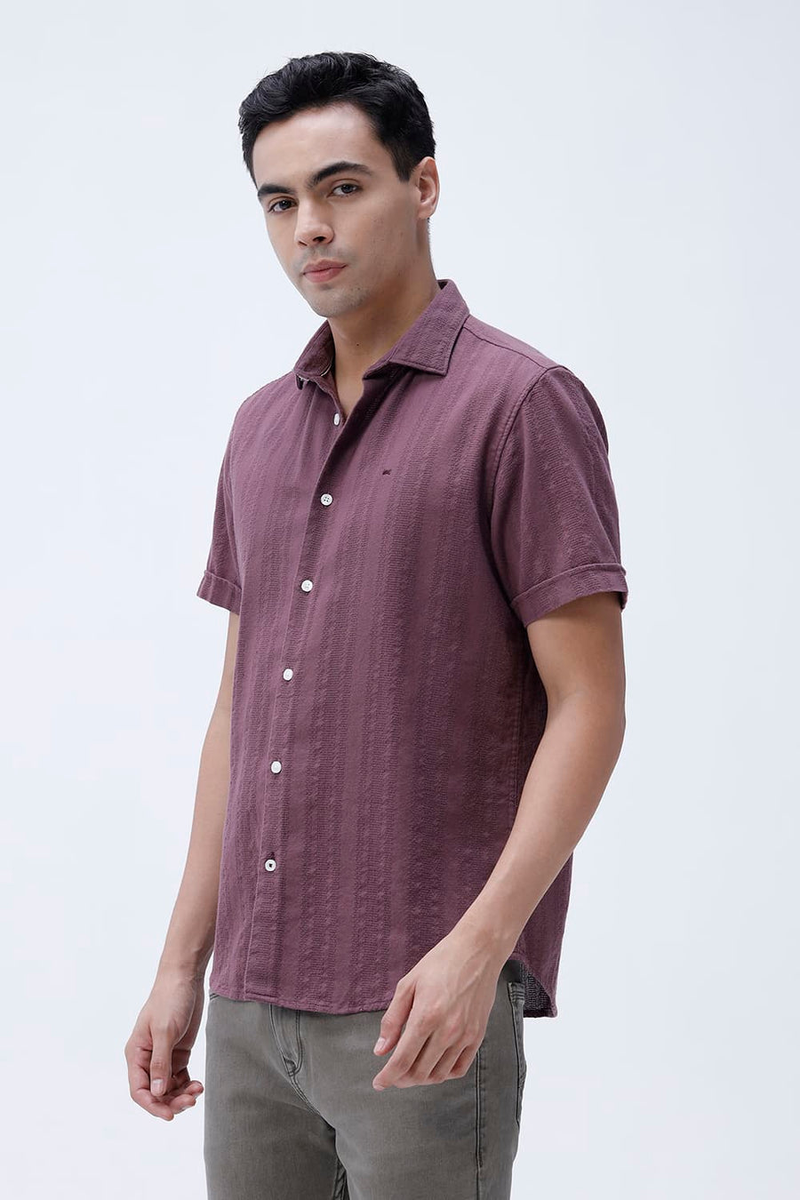 BASICS SLIM FIT WILD PURPLE COTTON LENO DOBBY HALFSLEEVES SHIRT