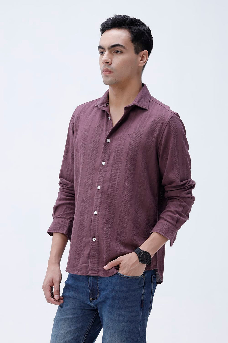 BASICS SLIM FIT WILD PURPLE COTTON LENO DOBBY SHIRT