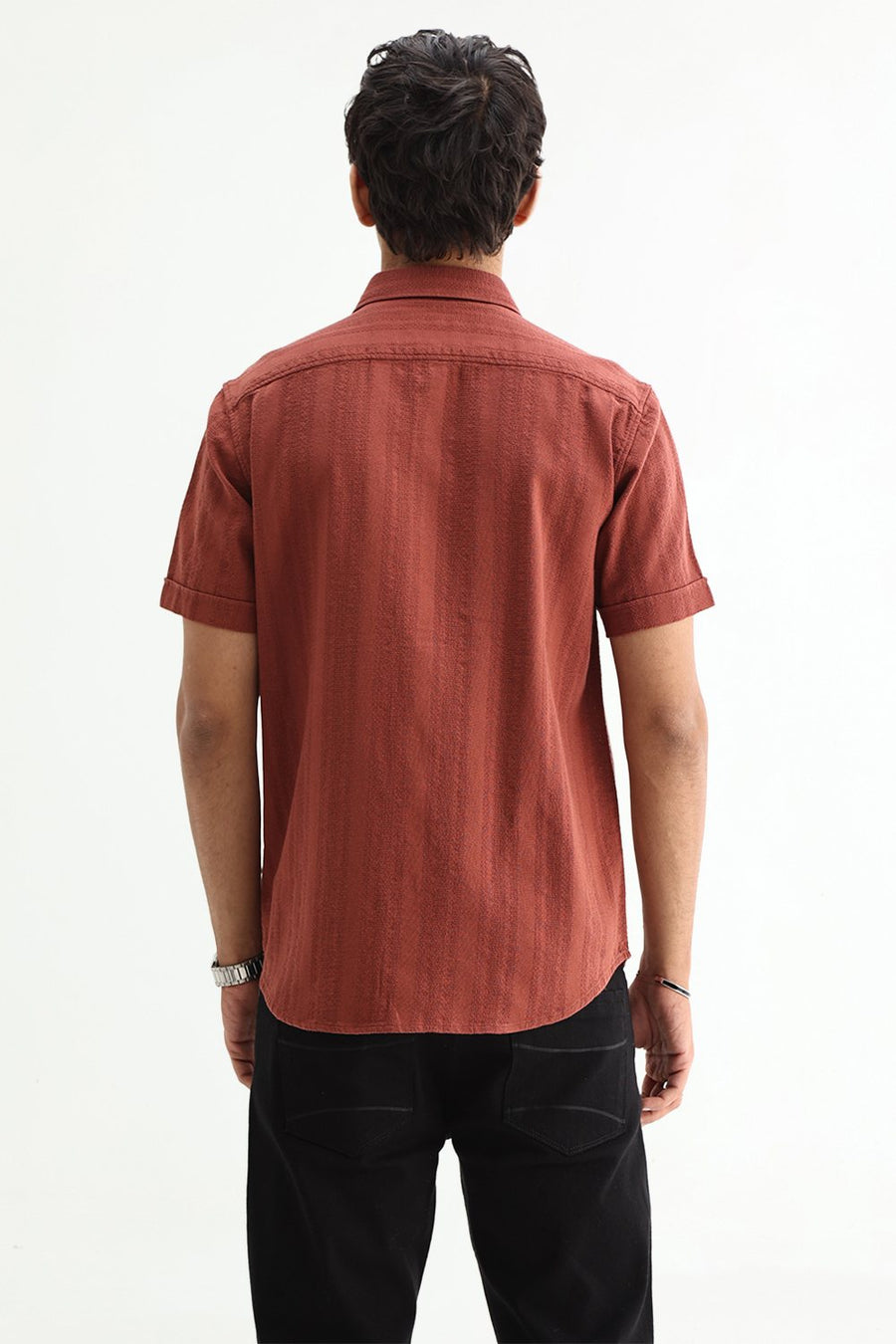 BASICS SLIM FIT BRICK RED COTTON LENO DOBBY SHIRT