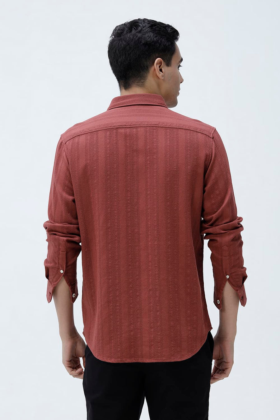 BASICS SLIM FIT BRICK RED COTTON LENO DOBBY SHIRT