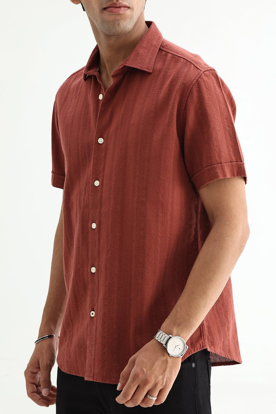 BASICS SLIM FIT BRICK RED COTTON LENO DOBBY SHIRT