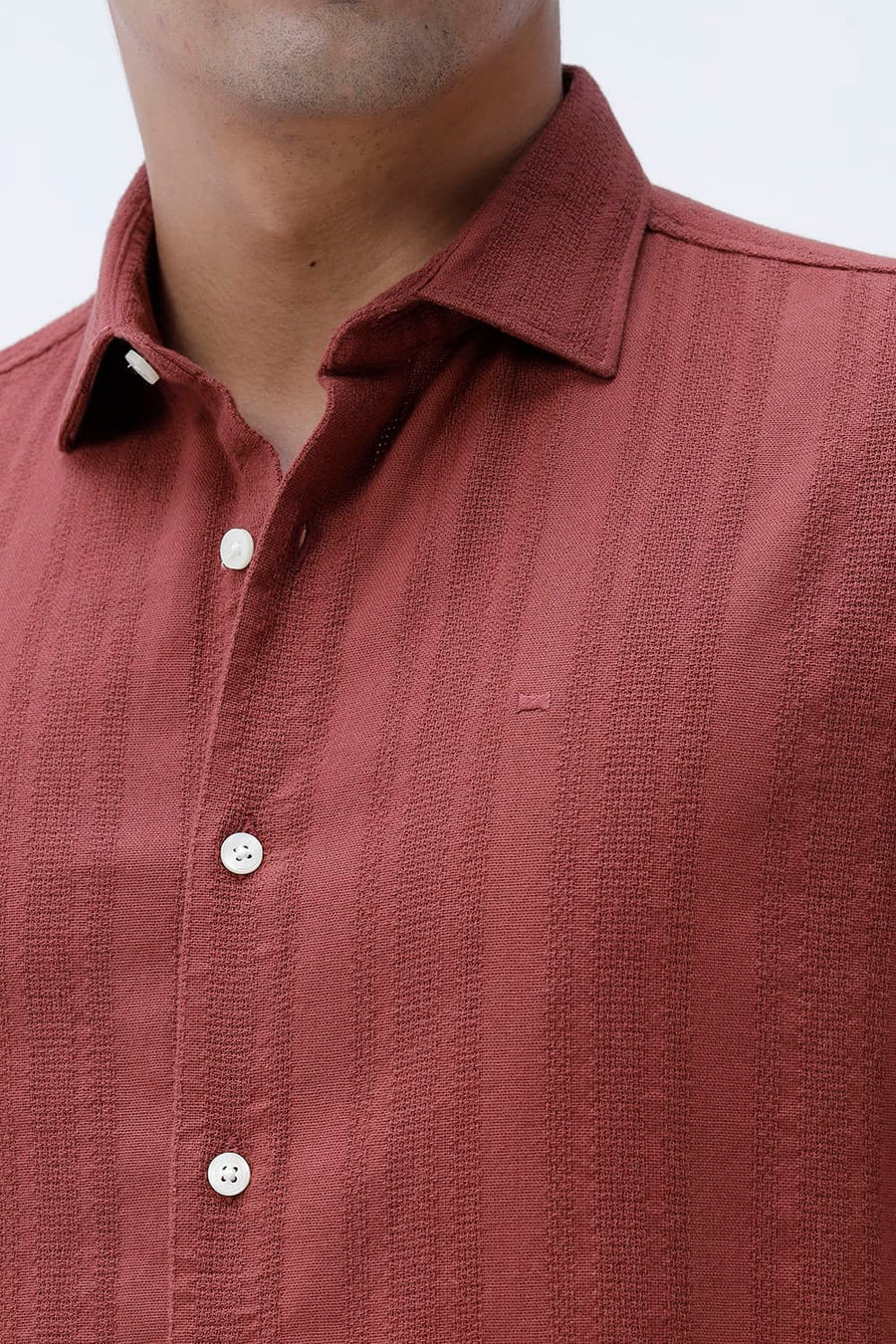 BASICS SLIM FIT BRICK RED COTTON LENO DOBBY HALFSLEEVES SHIRT