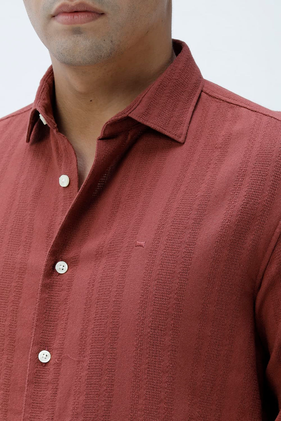 BASICS SLIM FIT BRICK RED COTTON LENO DOBBY SHIRT
