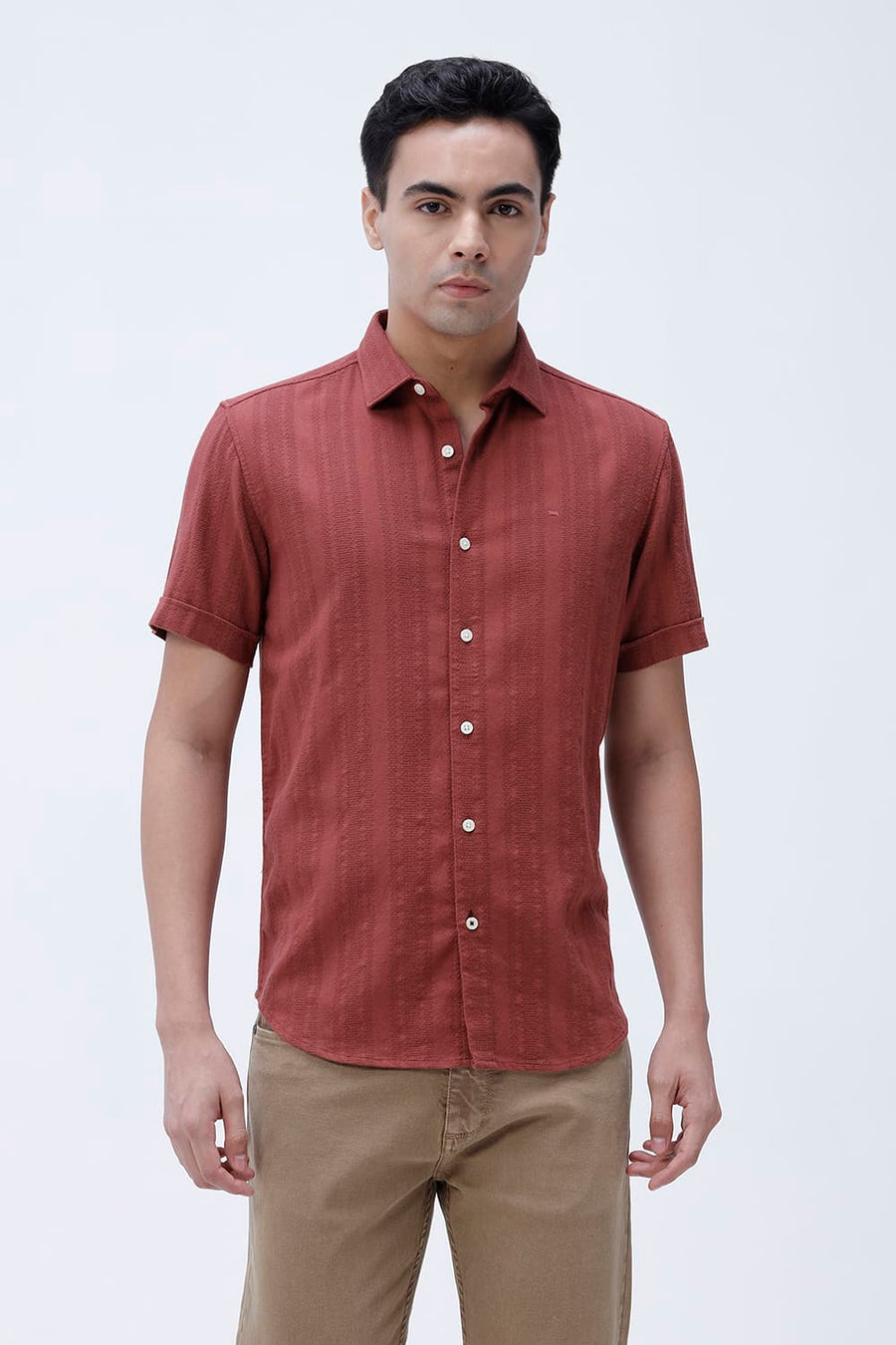 BASICS SLIM FIT BRICK RED COTTON LENO DOBBY HALFSLEEVES SHIRT