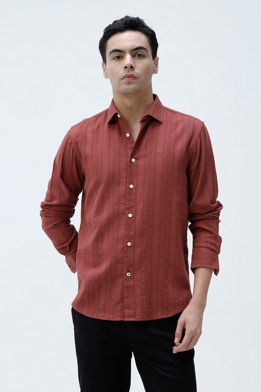 BASICS SLIM FIT BRICK RED COTTON LENO DOBBY SHIRT