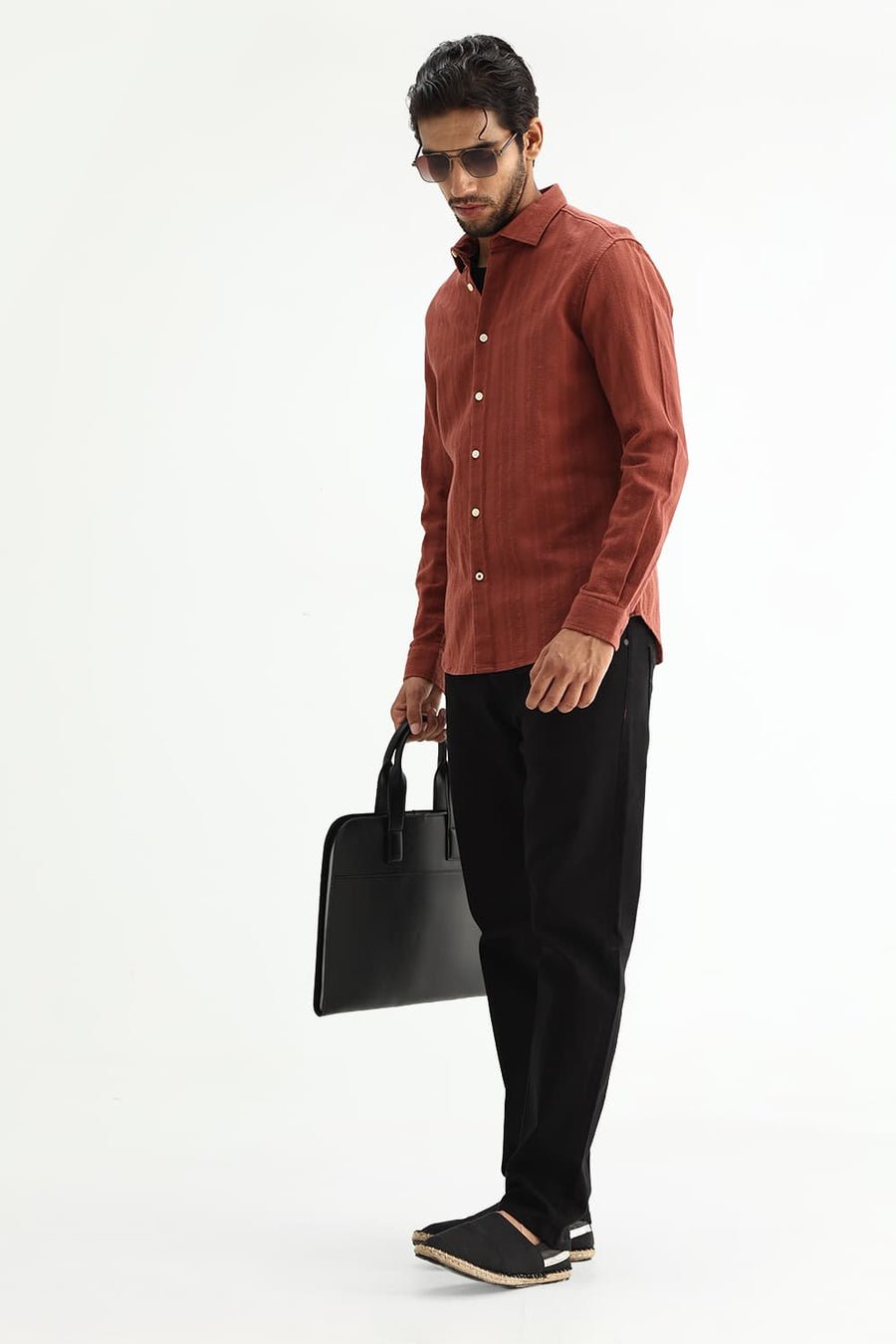 BASICS SLIM FIT BRICK RED COTTON LENO DOBBY SHIRT