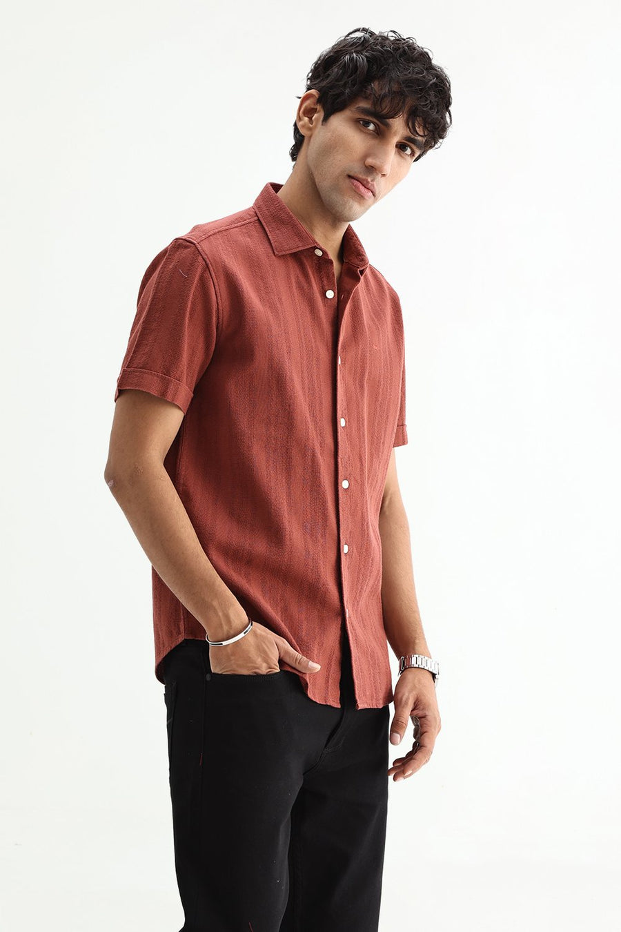 BASICS SLIM FIT BRICK RED COTTON LENO DOBBY SHIRT