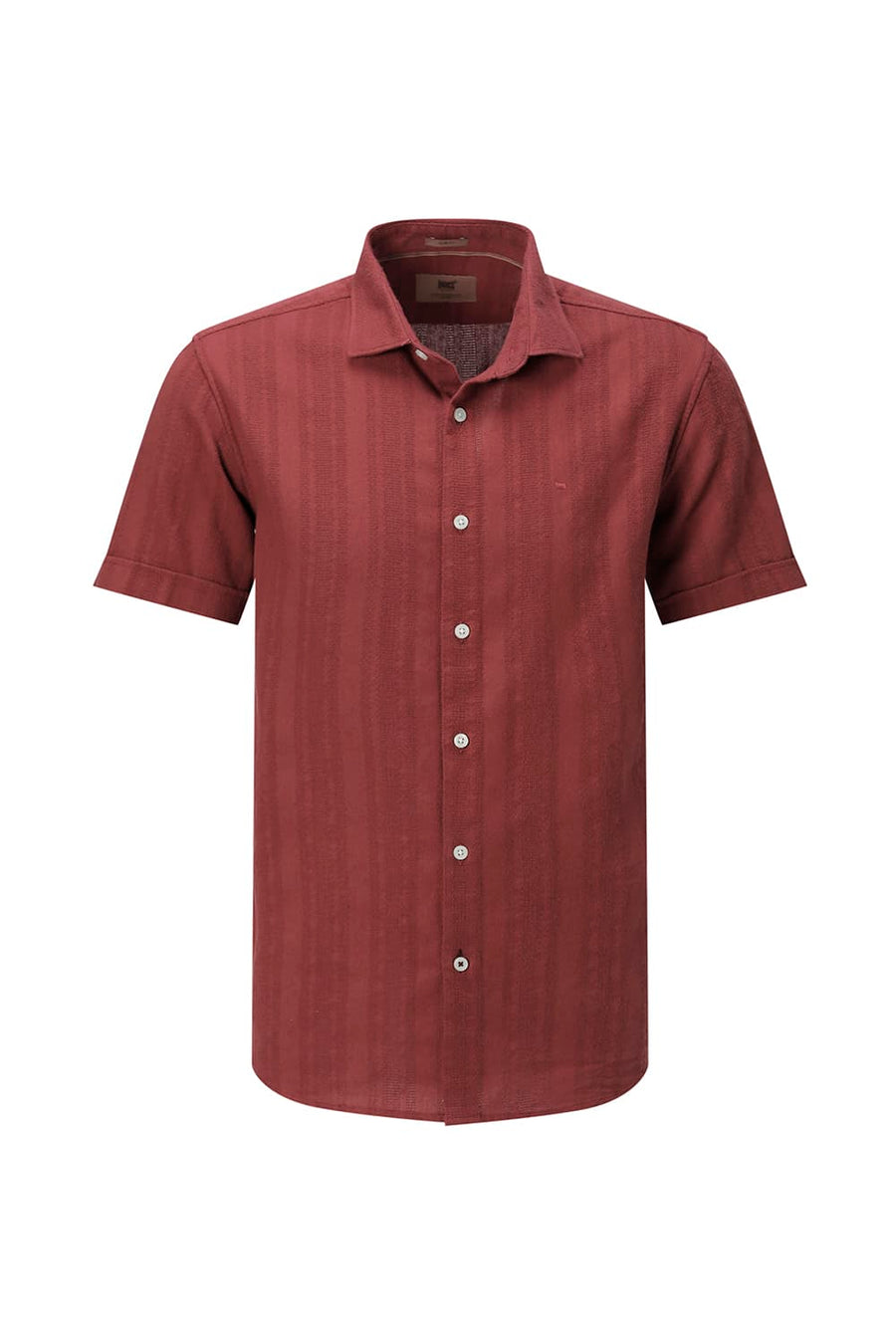 BASICS SLIM FIT BRICK RED COTTON LENO DOBBY HALFSLEEVES SHIRT