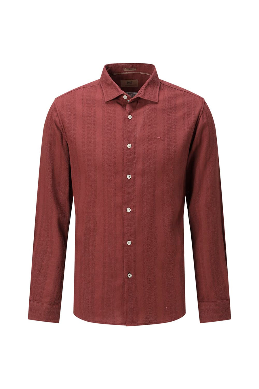 BASICS SLIM FIT BRICK RED COTTON LENO DOBBY SHIRT