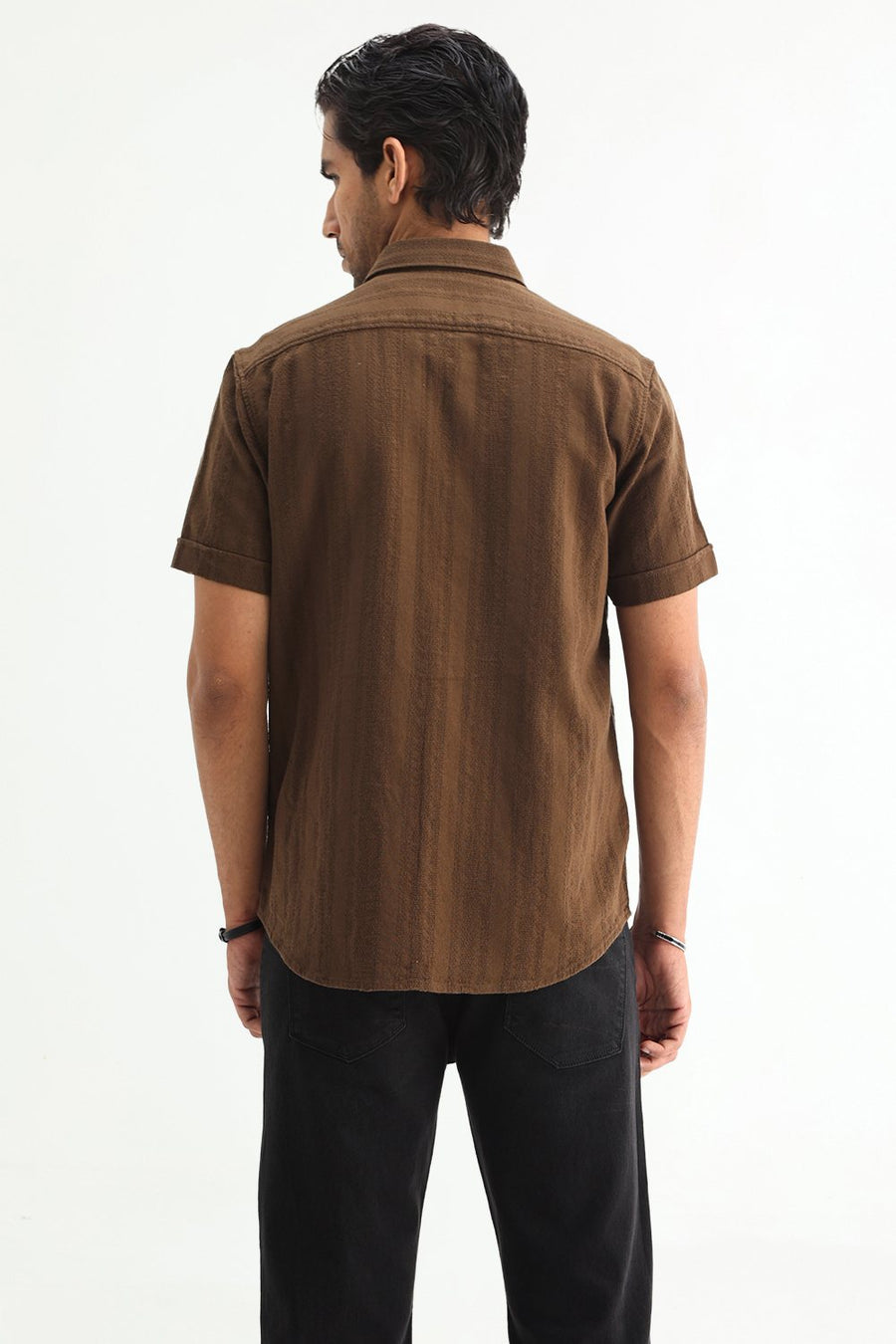 BASICS SLIM FIT KANGAROO BROWN COTTON LENO DOBBY SHIRT