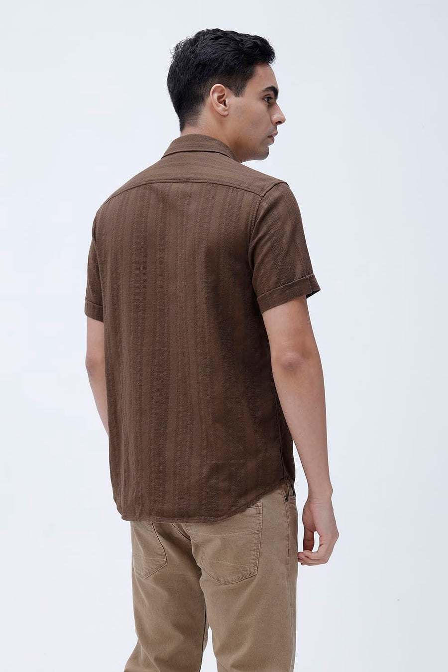 BASICS SLIM FIT KANGAROO BROWN COTTON LENO DOBBY HALFSLEEVES SHIRT