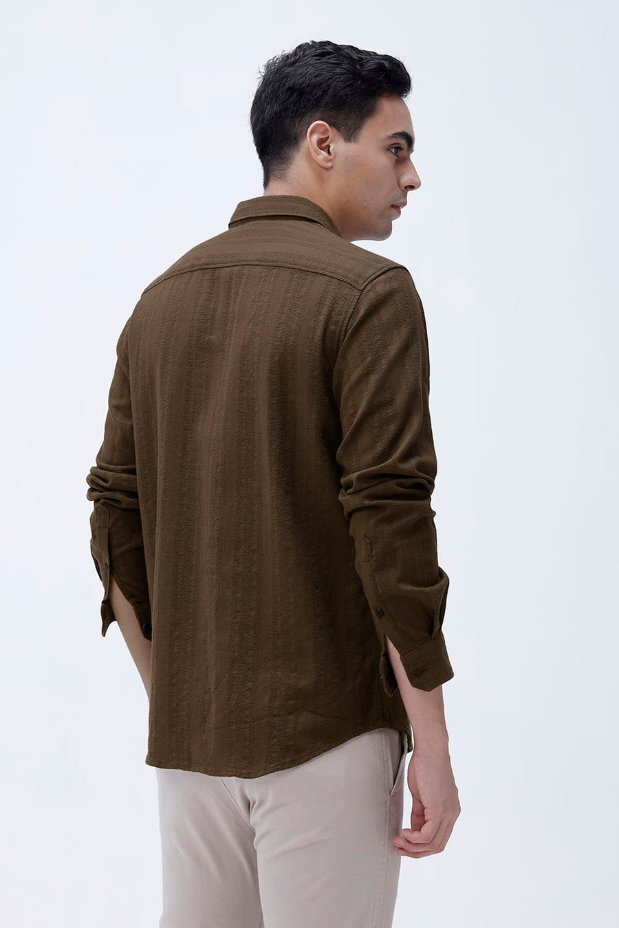 BASICS SLIM FIT KANGAROO BROWN COTTON LENO DOBBY SHIRT