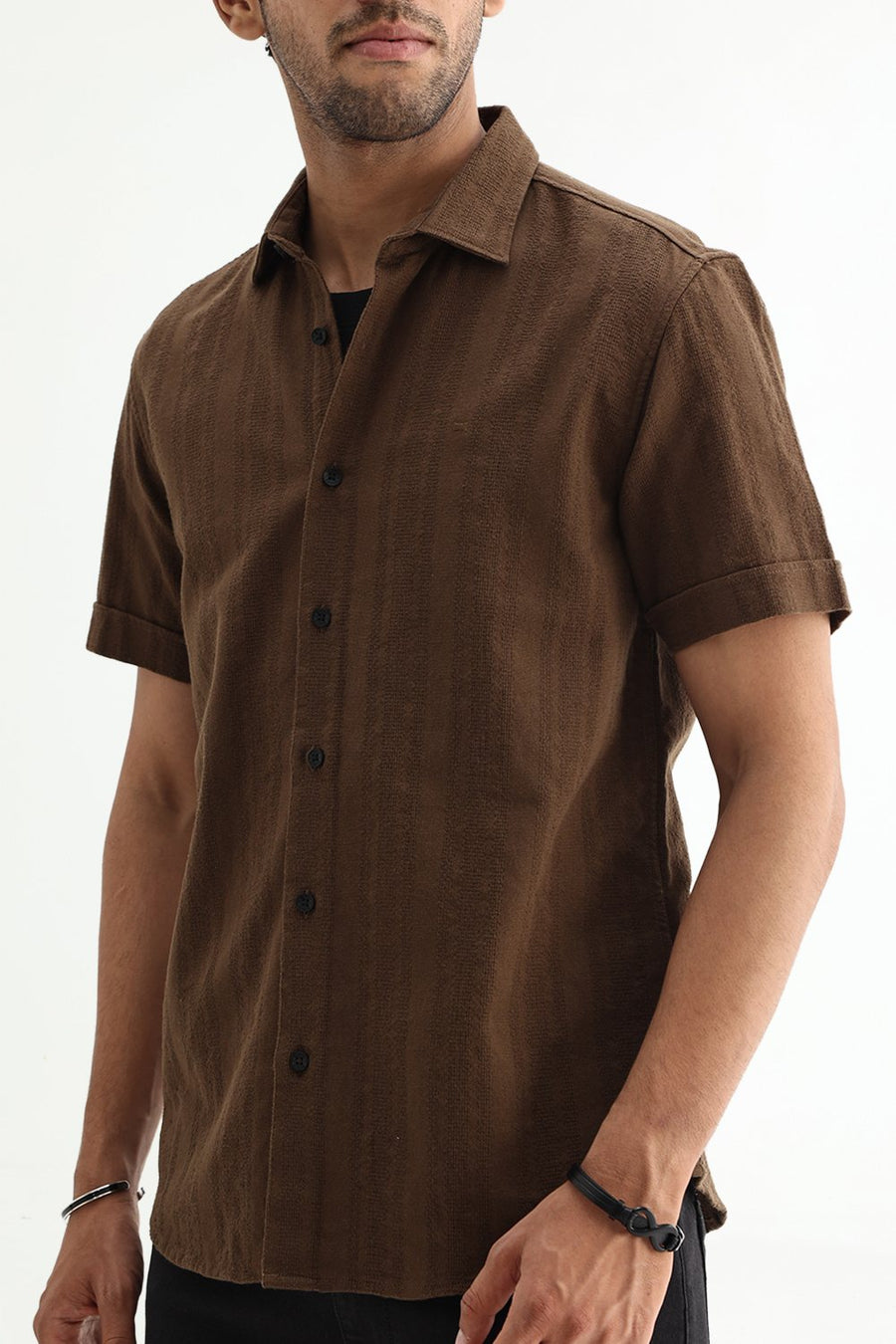 BASICS SLIM FIT KANGAROO BROWN COTTON LENO DOBBY SHIRT