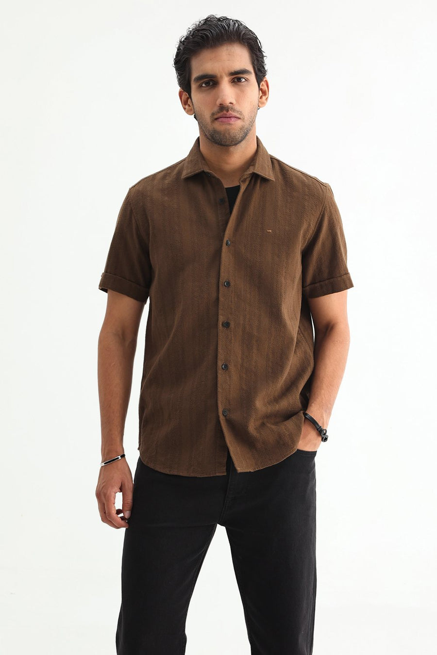 BASICS SLIM FIT KANGAROO BROWN COTTON LENO DOBBY SHIRT