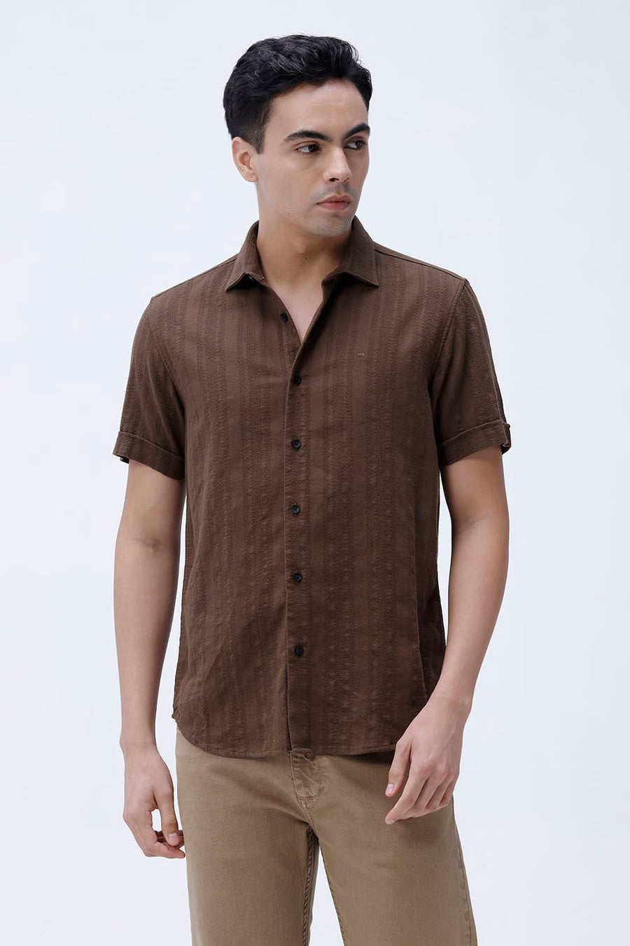 BASICS SLIM FIT KANGAROO BROWN COTTON LENO DOBBY HALFSLEEVES SHIRT