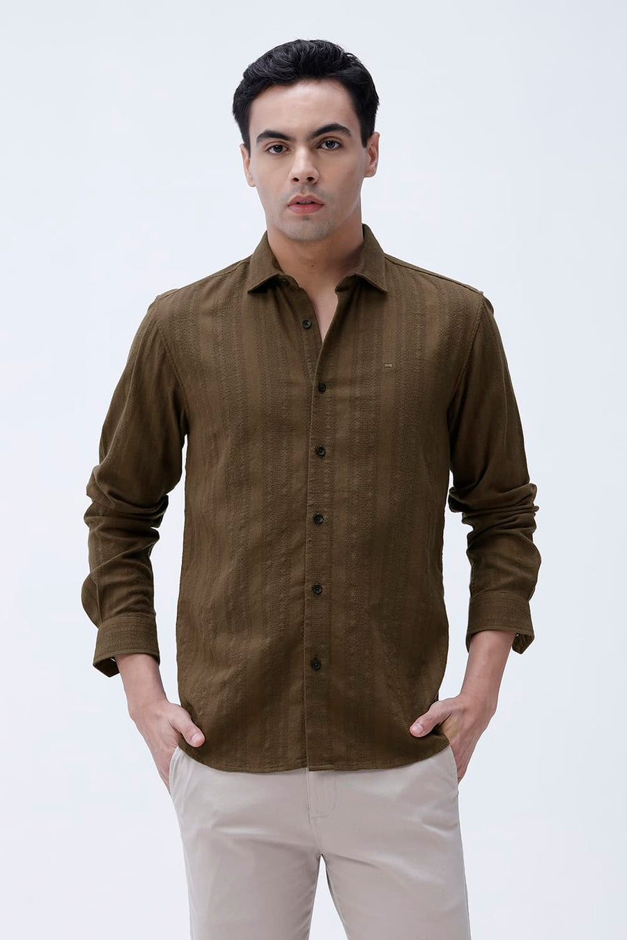 BASICS SLIM FIT KANGAROO BROWN COTTON LENO DOBBY SHIRT