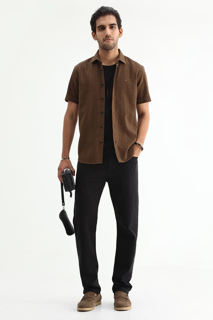 BASICS SLIM FIT KANGAROO BROWN COTTON LENO DOBBY SHIRT
