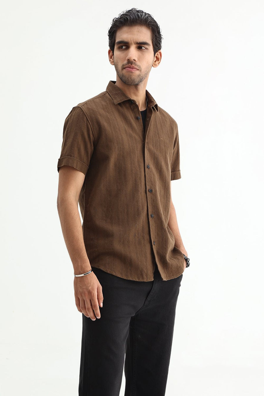 BASICS SLIM FIT KANGAROO BROWN COTTON LENO DOBBY SHIRT