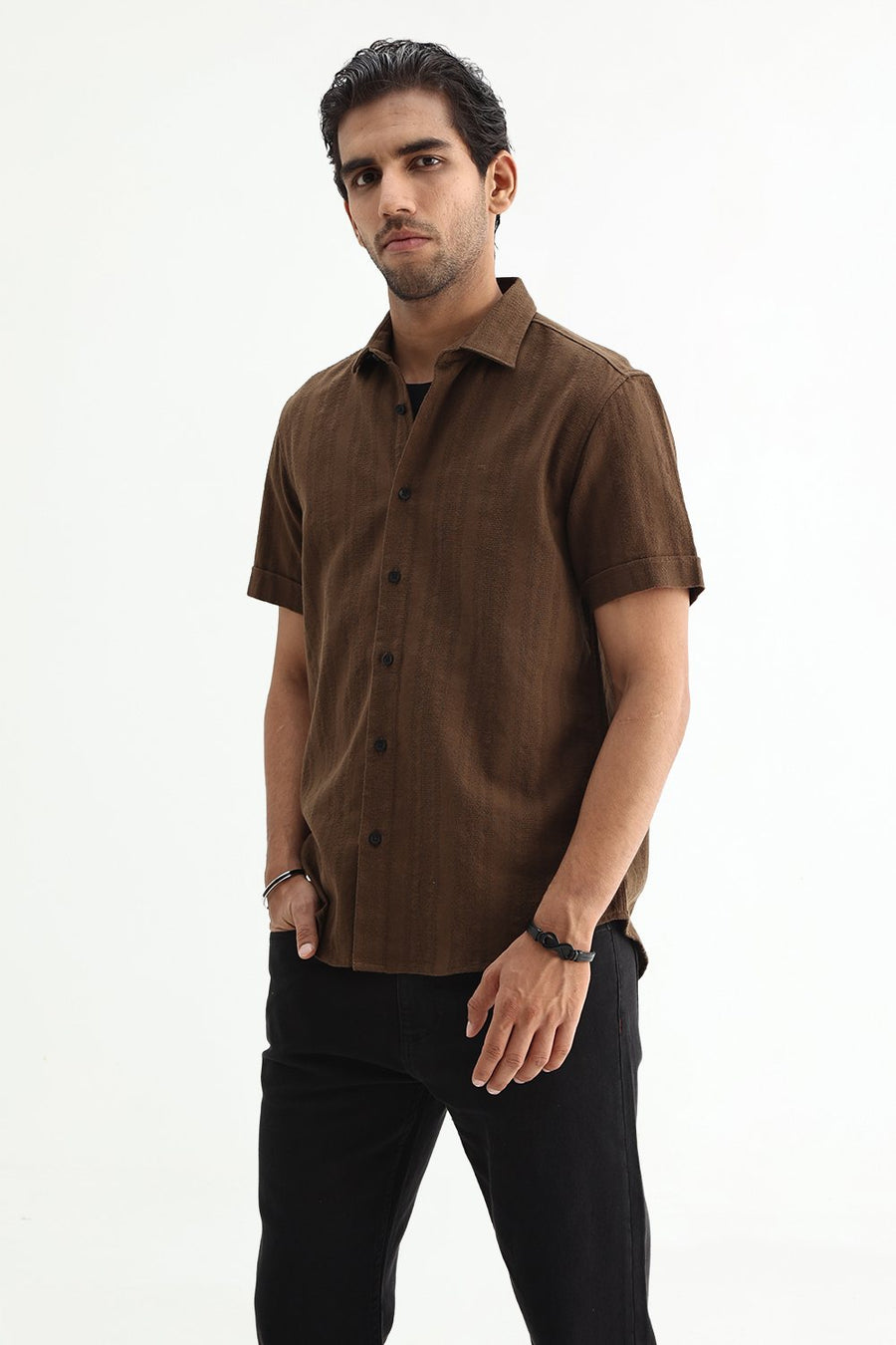 BASICS SLIM FIT KANGAROO BROWN COTTON LENO DOBBY SHIRT