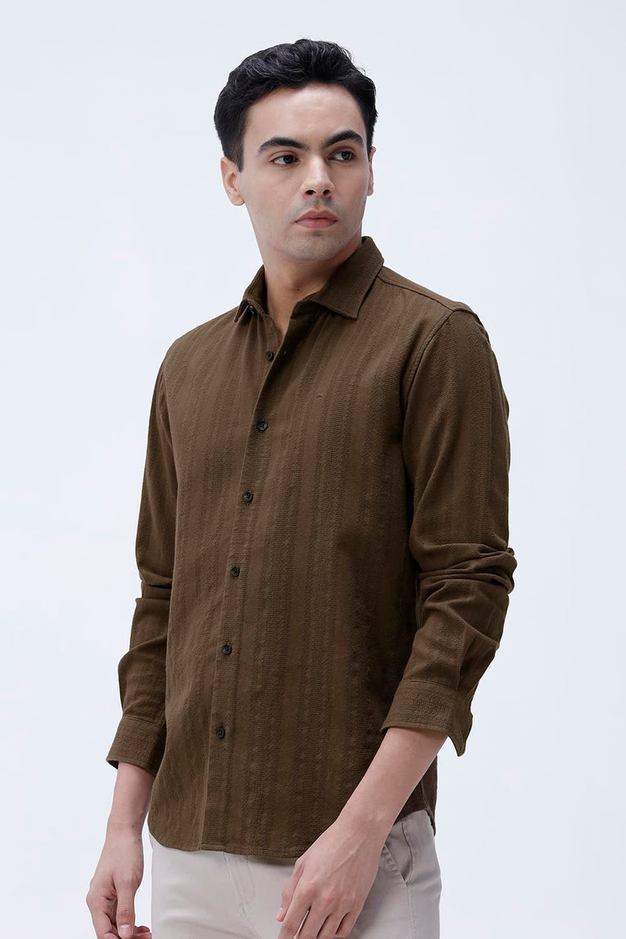 BASICS SLIM FIT KANGAROO BROWN COTTON LENO DOBBY SHIRT