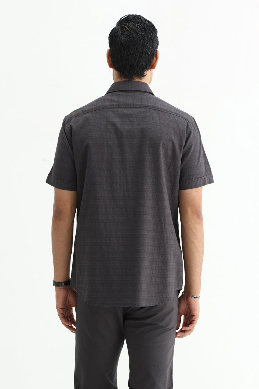 BASICS SLIM FIT GREY ASH COTTON DOBBY HALFSLEEVES SHIRT