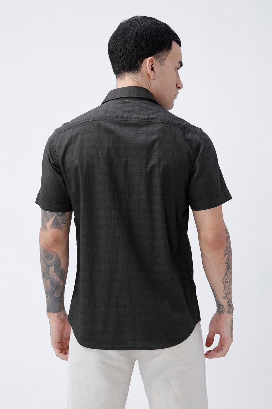 BASICS SLIM FIT GREY ASH COTTON DOBBY HALFSLEEVES SHIRT