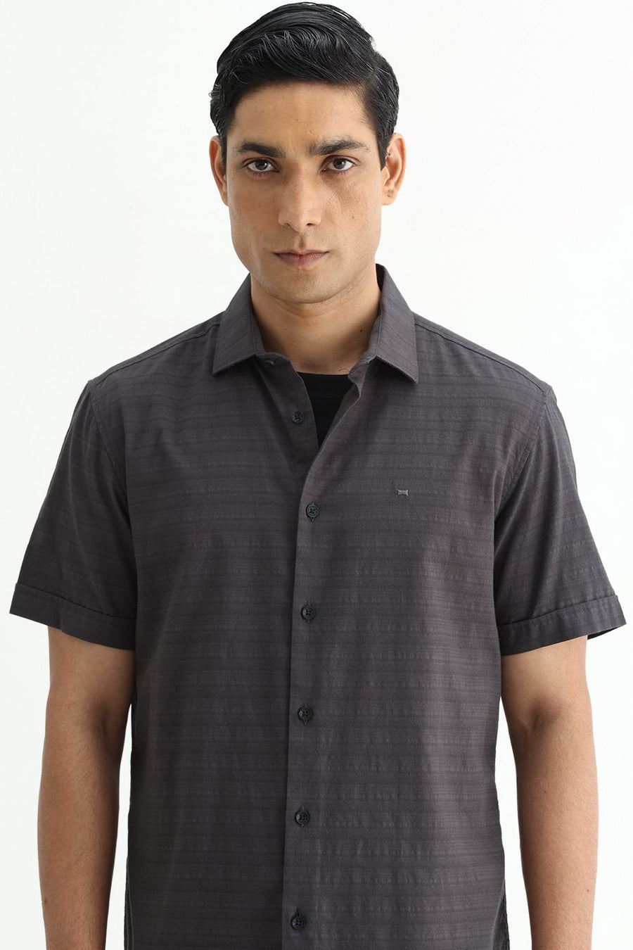 BASICS SLIM FIT GREY ASH COTTON DOBBY HALFSLEEVES SHIRT