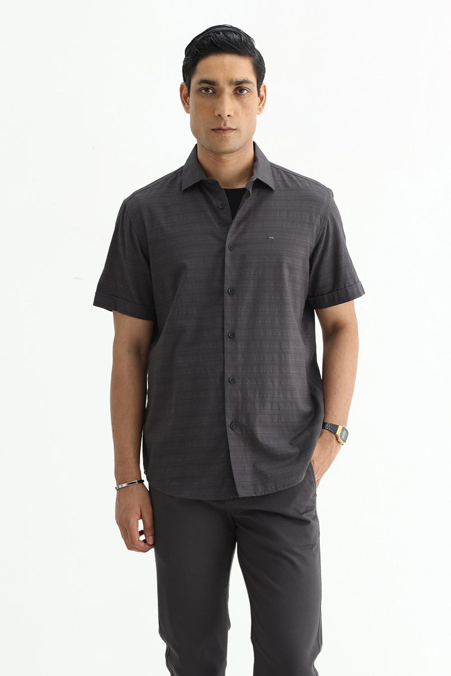 BASICS SLIM FIT GREY ASH COTTON DOBBY HALFSLEEVES SHIRT