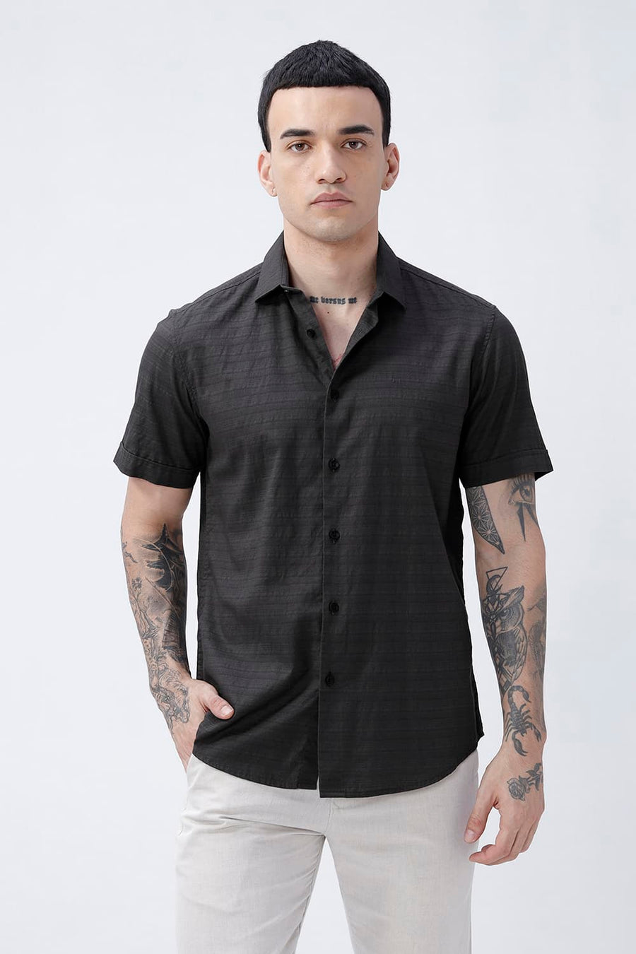 BASICS SLIM FIT GREY ASH COTTON DOBBY HALFSLEEVES SHIRT
