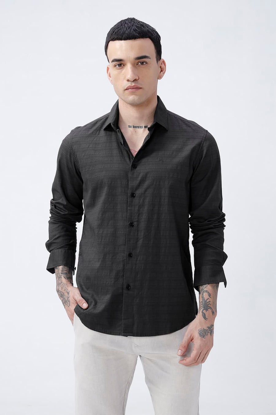 BASICS SLIM FIT GREY ASH COTTON DOBBY SHIRT