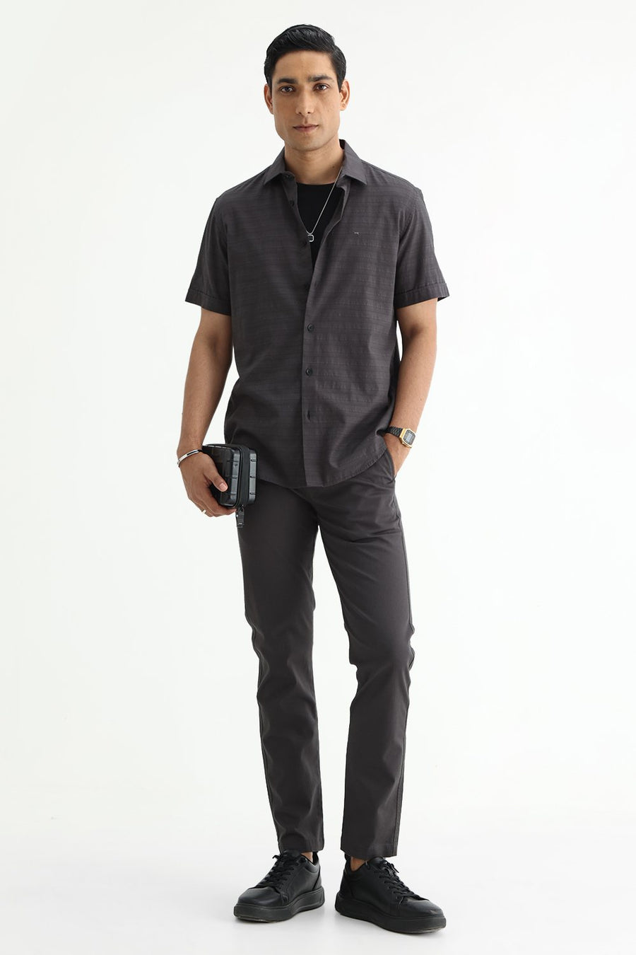 BASICS SLIM FIT GREY ASH COTTON DOBBY HALFSLEEVES SHIRT