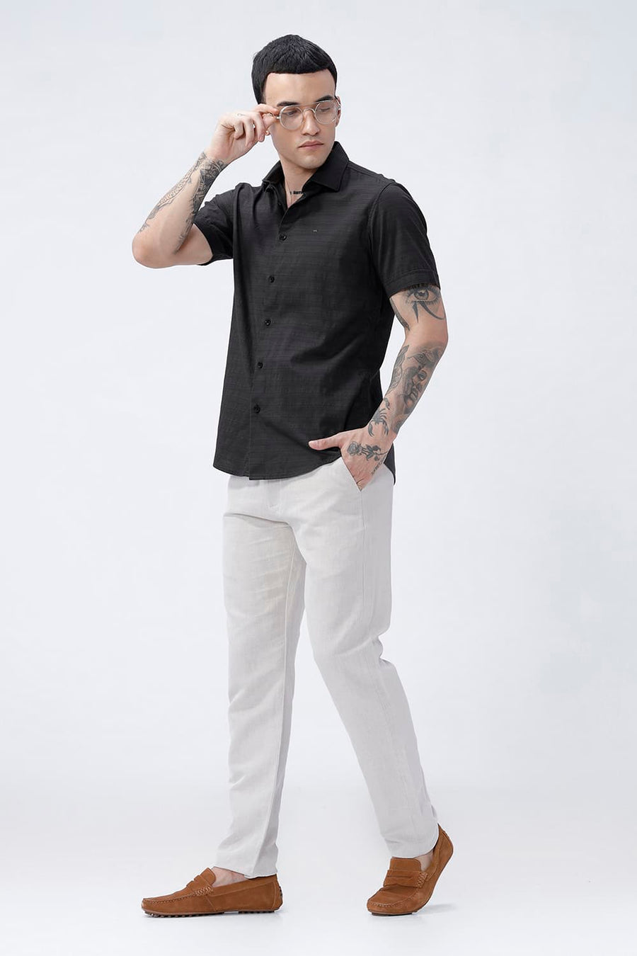BASICS SLIM FIT GREY ASH COTTON DOBBY HALFSLEEVES SHIRT