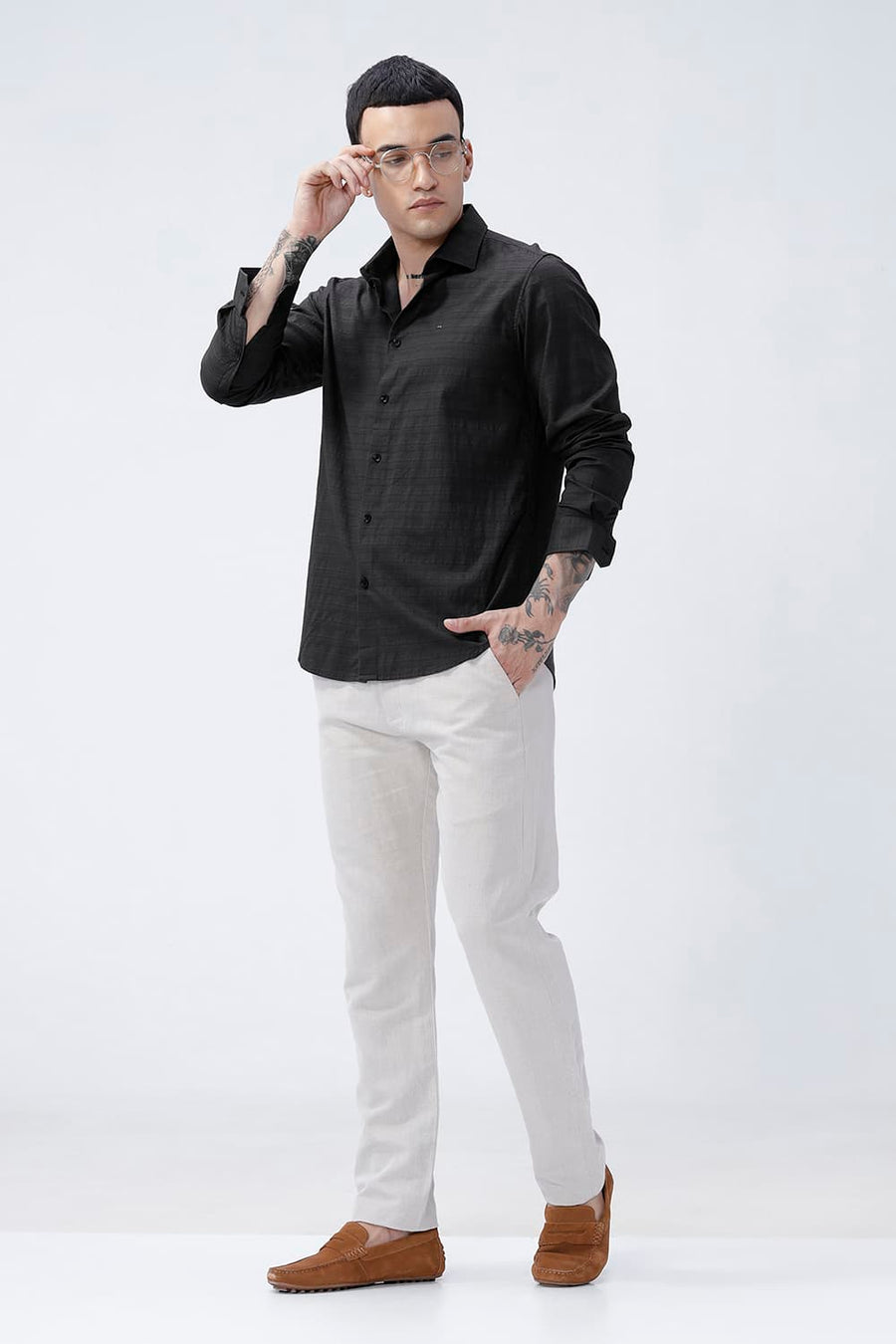 BASICS SLIM FIT GREY ASH COTTON DOBBY SHIRT